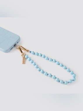 NIB Beaded Phone Wrist Strap in Light Blue with Gold Hardware